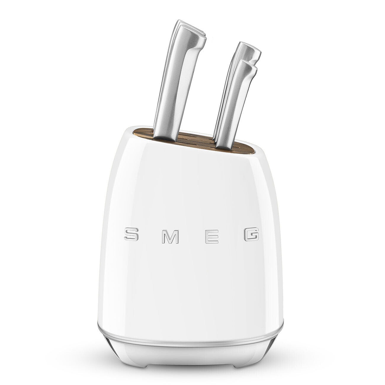 White knife block with knives on a white background, featuring the Smeg logo.