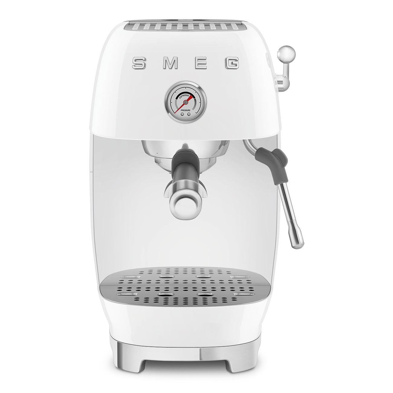 Front view of white SMEG espresso machine on a white background
