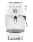 Front view of white SMEG espresso machine on a white background