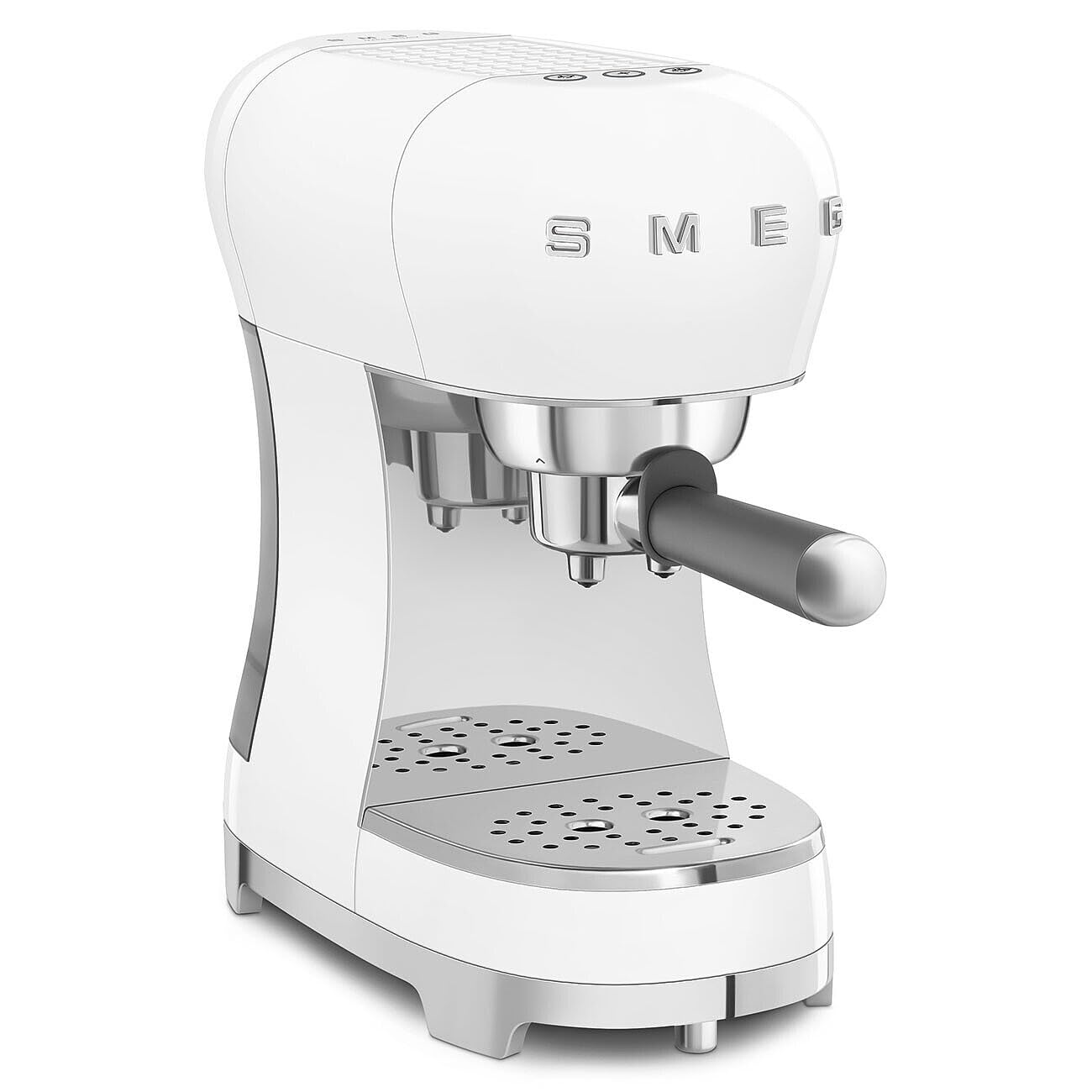 White Smeg espresso machine with chrome accents on a white background
