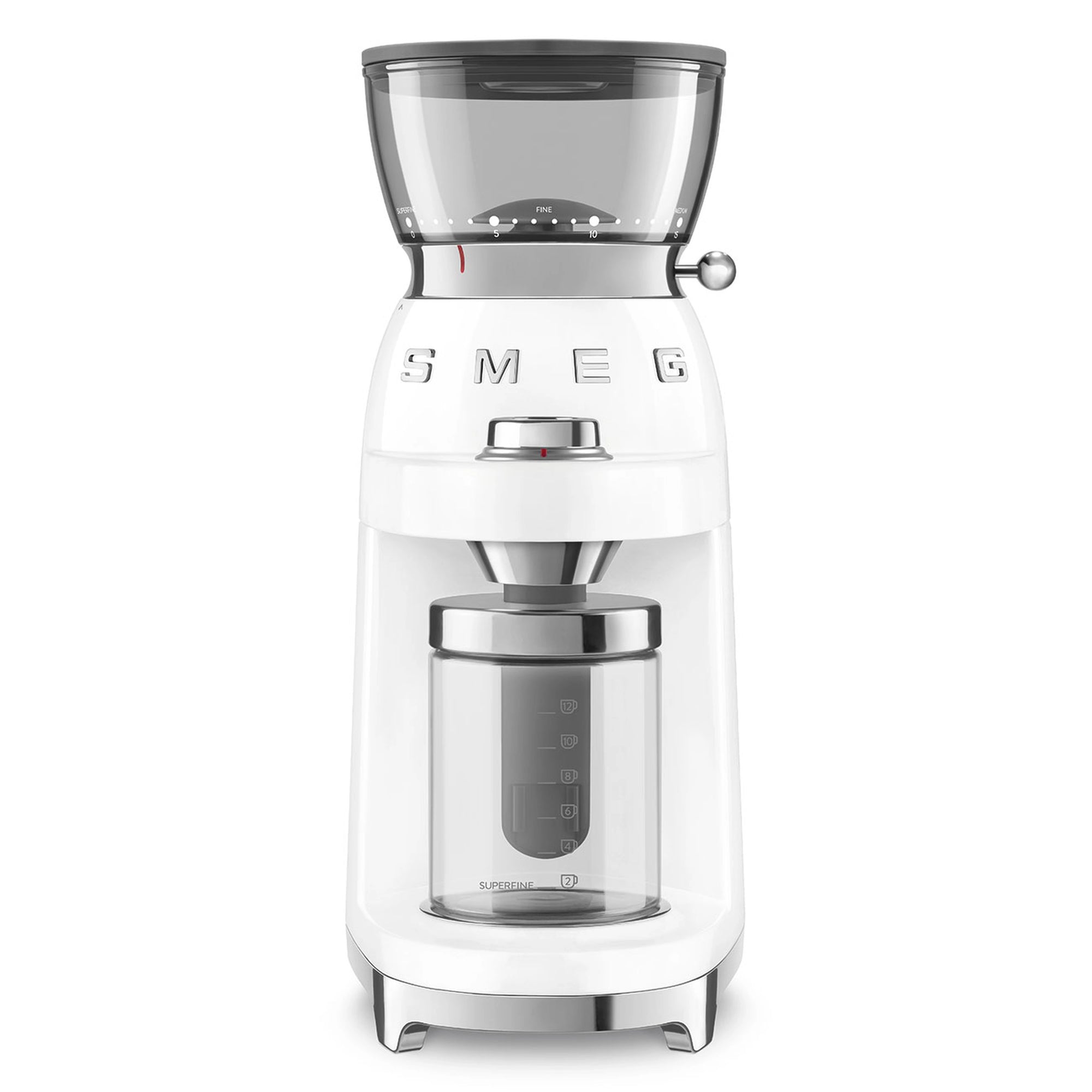White coffee grinder with glass container on a white background