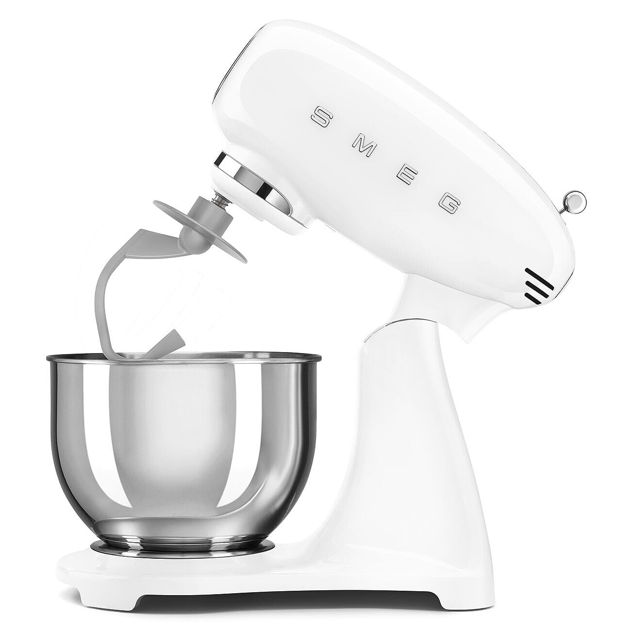 White stand mixer with stainless steel bowl on a white background
