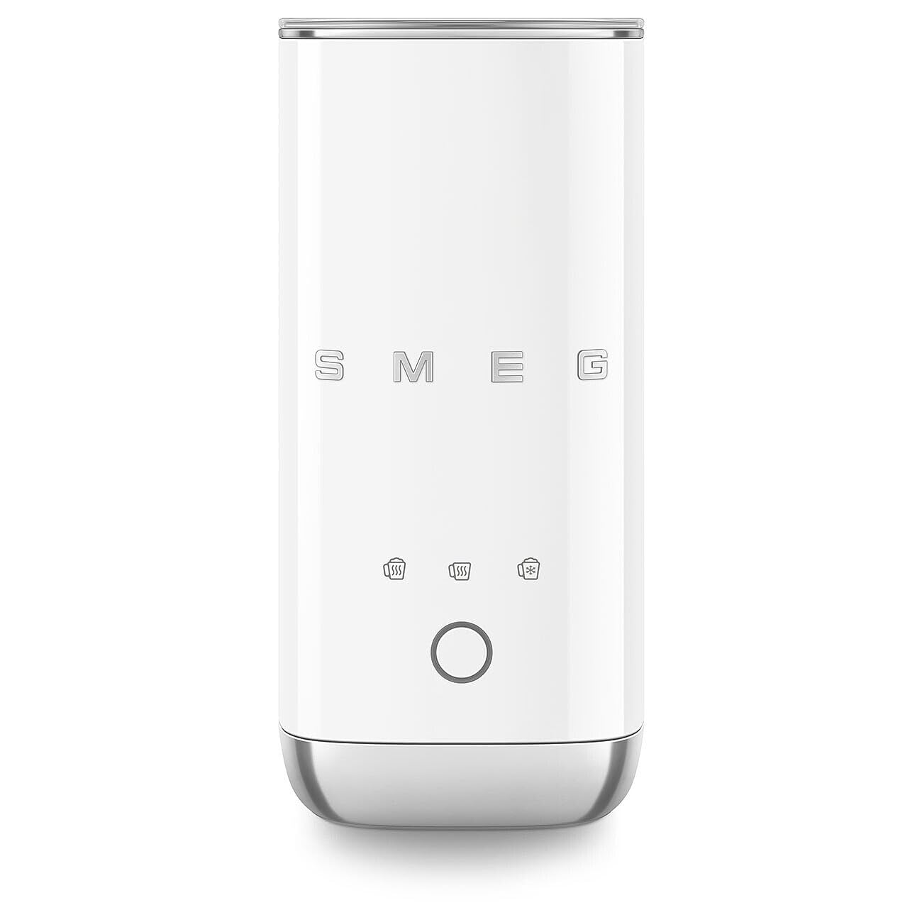 Front view of white SMEG milk frother displayed on a white background