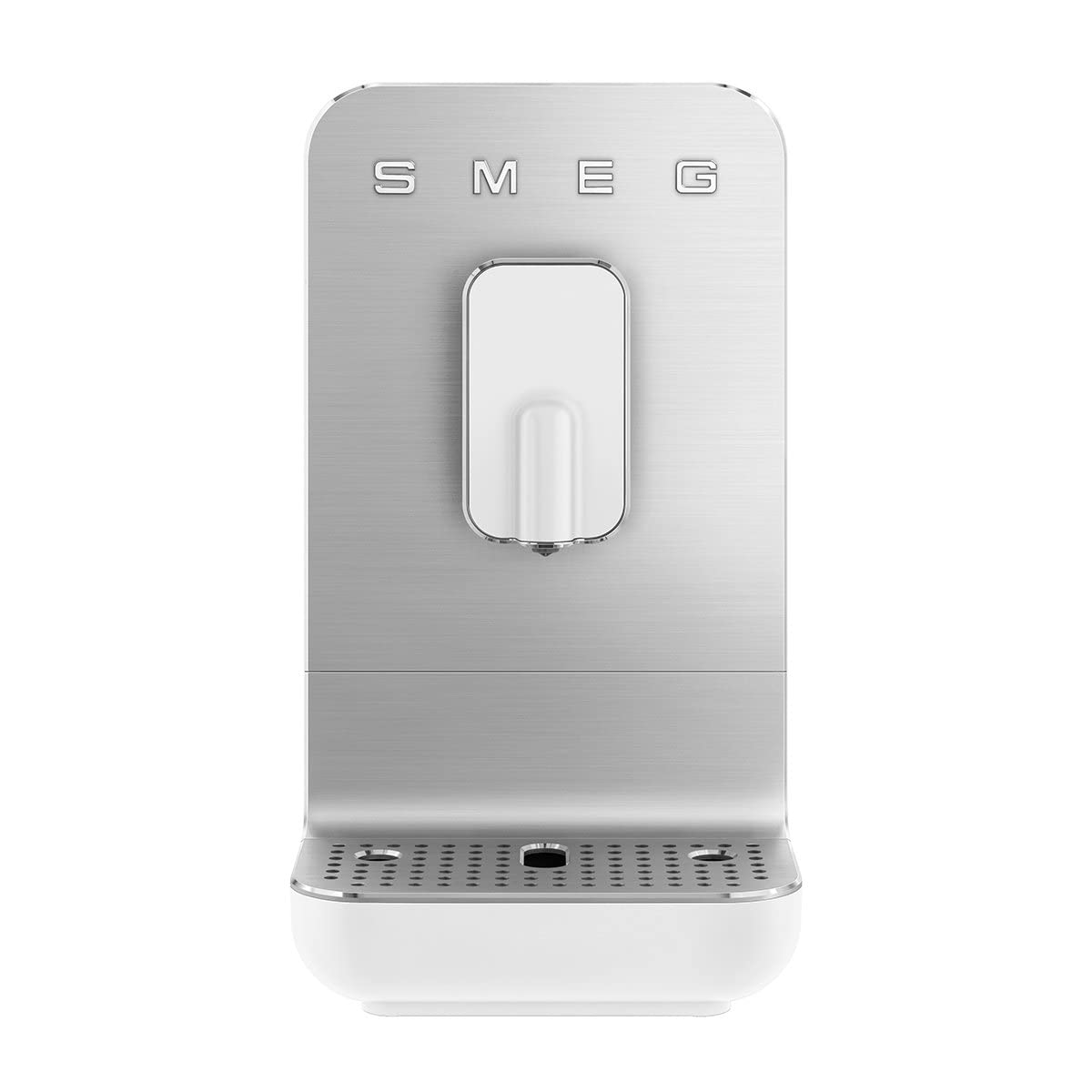 Silver SMEG wall-mounted coffee machine on a white background