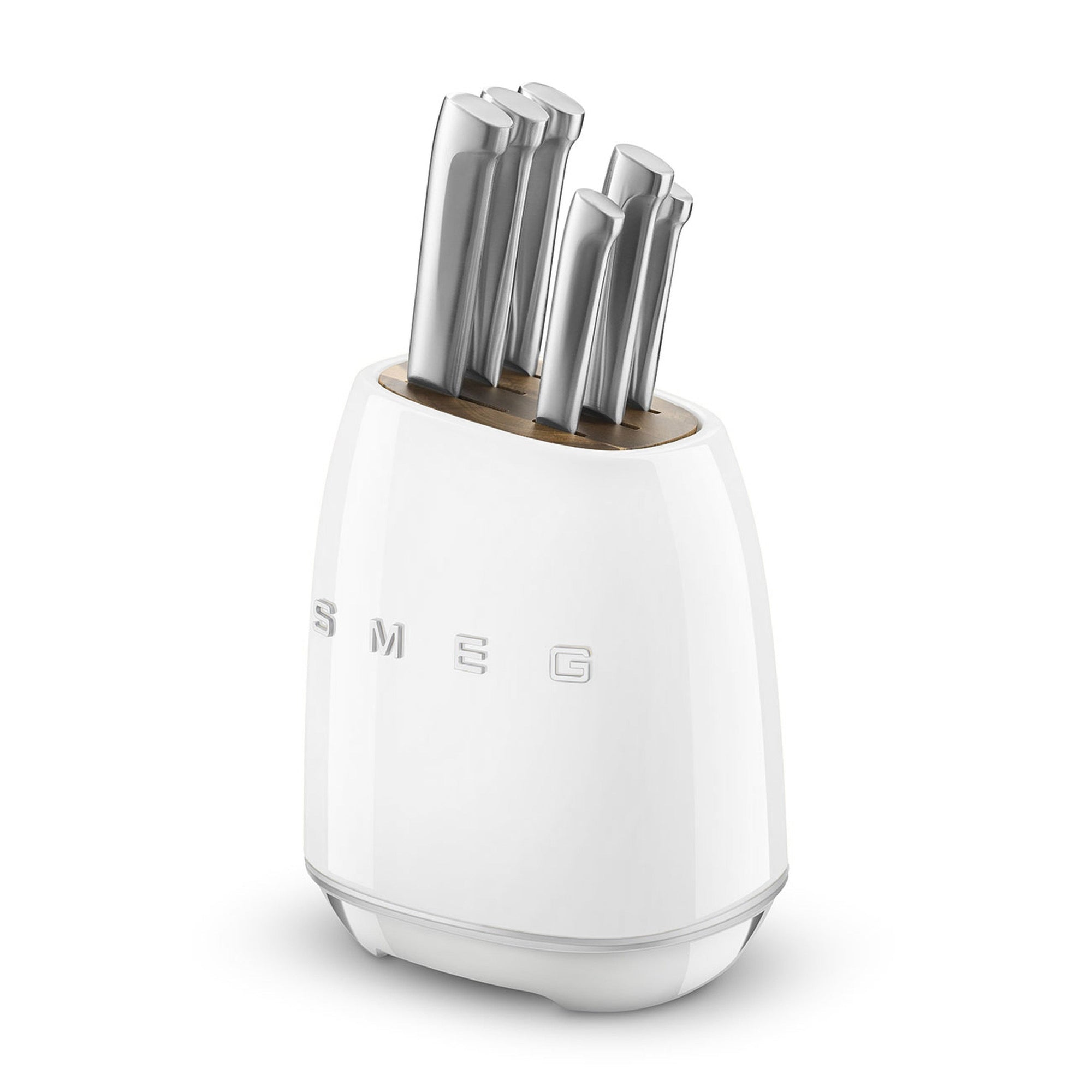 Knife set in a white magnetic knife holder with 'SMEG' branding on a white background