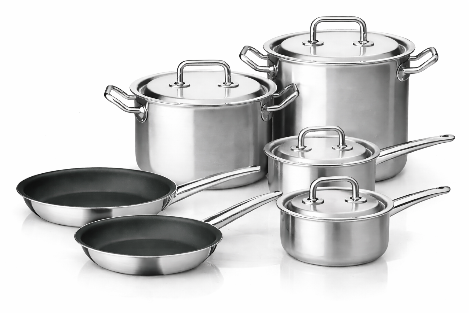 Set of nonstick cookware including pots, pans, and lids on a white background