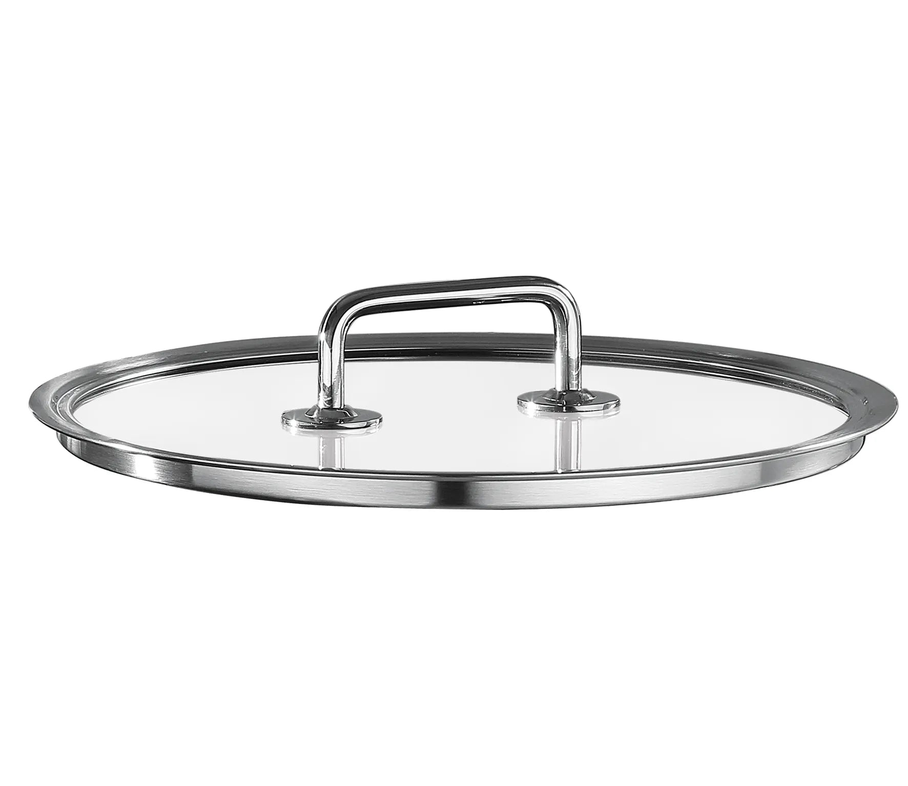 A round clear glass lid with a polished stainless steel rim and a matching metal handle, shown on a plain white background.