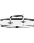 A round clear glass lid with a polished stainless steel rim and a matching metal handle, shown on a plain white background.