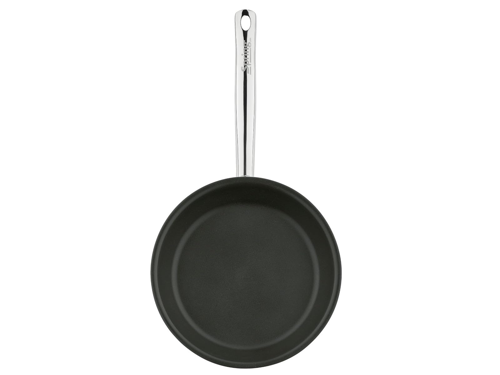 Stainless steel non stick coating frying pan displayed on a white background