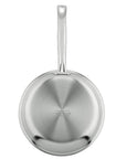 Stainless steel frying pan on a white background