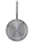 Stainless steel frying pan on a white background