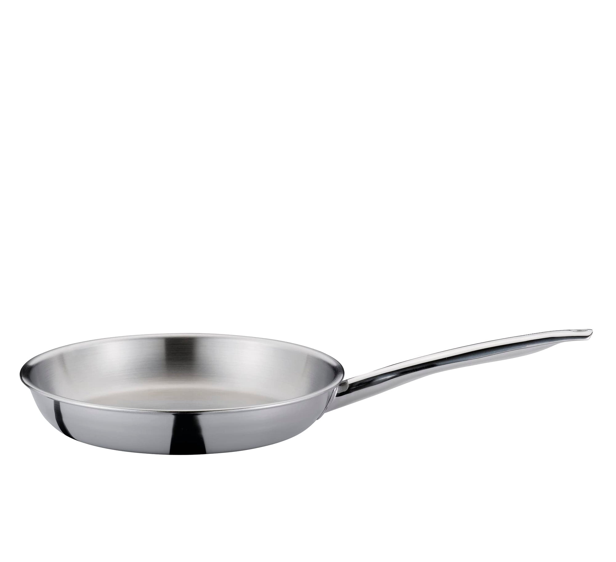 Stainless steel frying pan on a white background