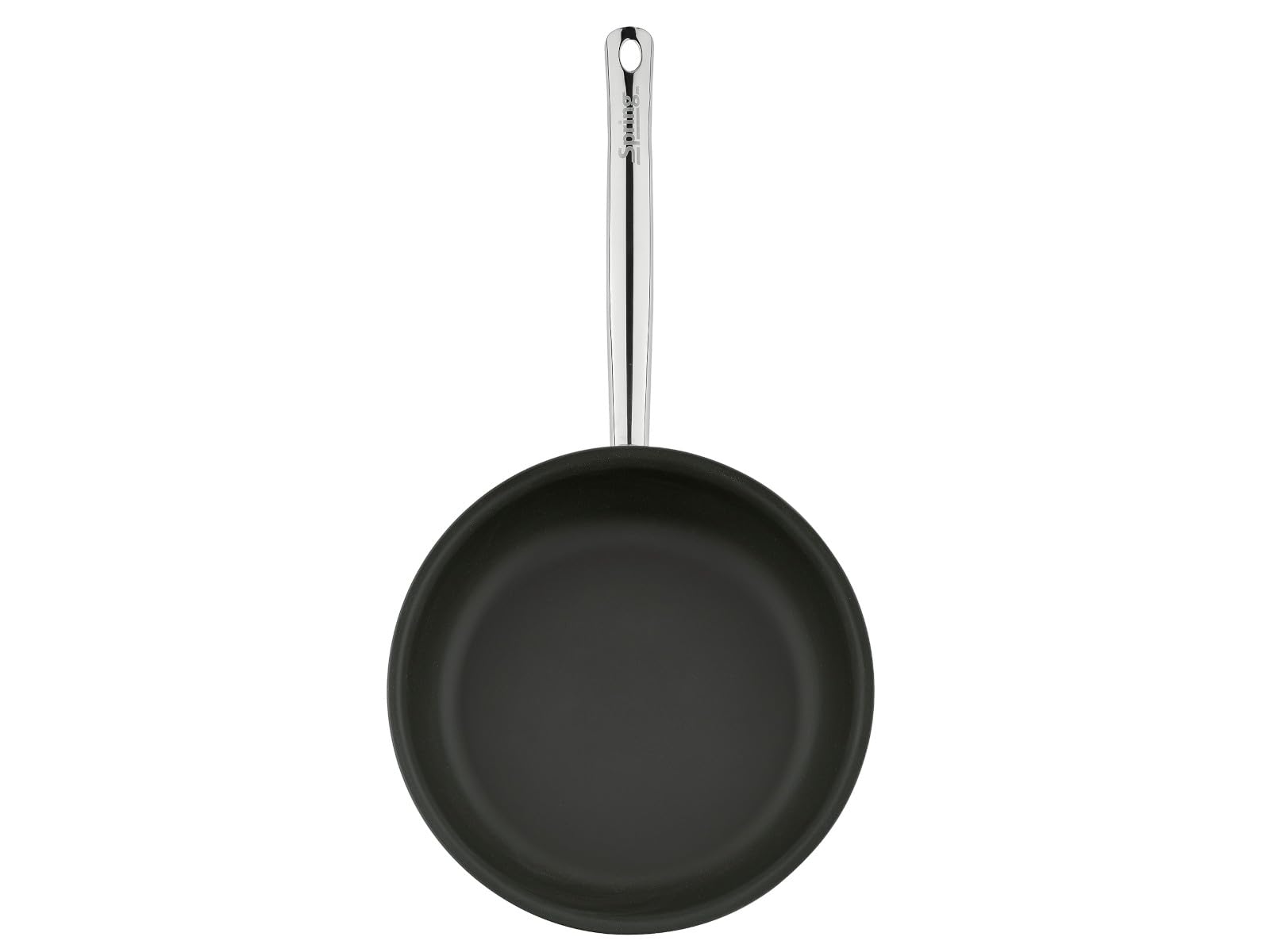 Stainless steel non stick coating frying pan displayed on a white background