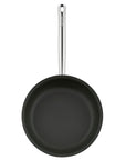 Stainless steel non stick coating frying pan displayed on a white background