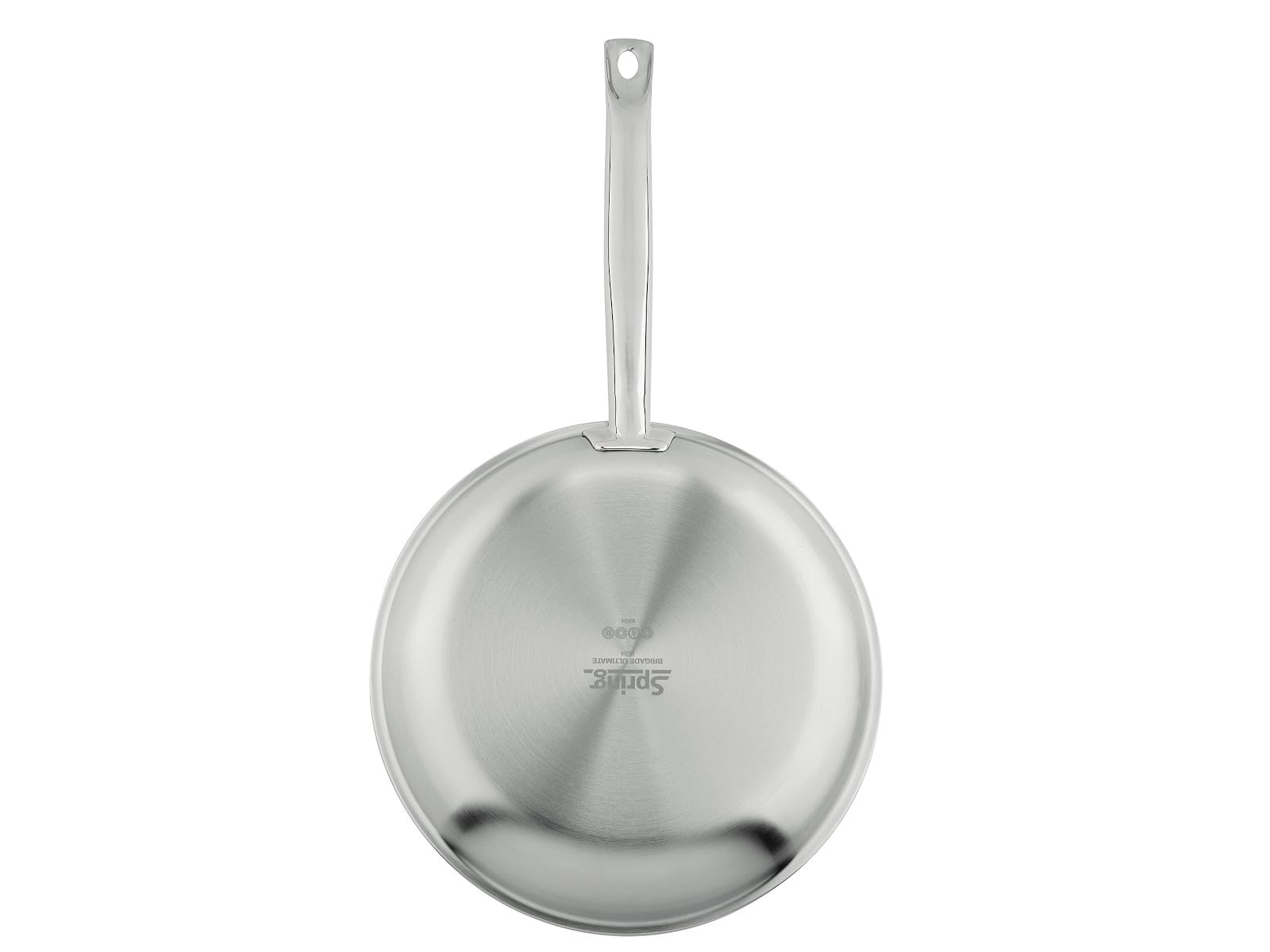 Stainless steel frying pan with a handle on a white background