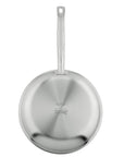Stainless steel frying pan with a handle on a white background