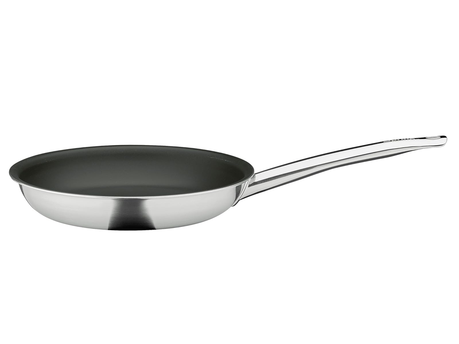 Stainless steel frying pan with a black non-stick surface on a white background
