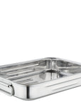 Stainless steel roasting pan on a white background