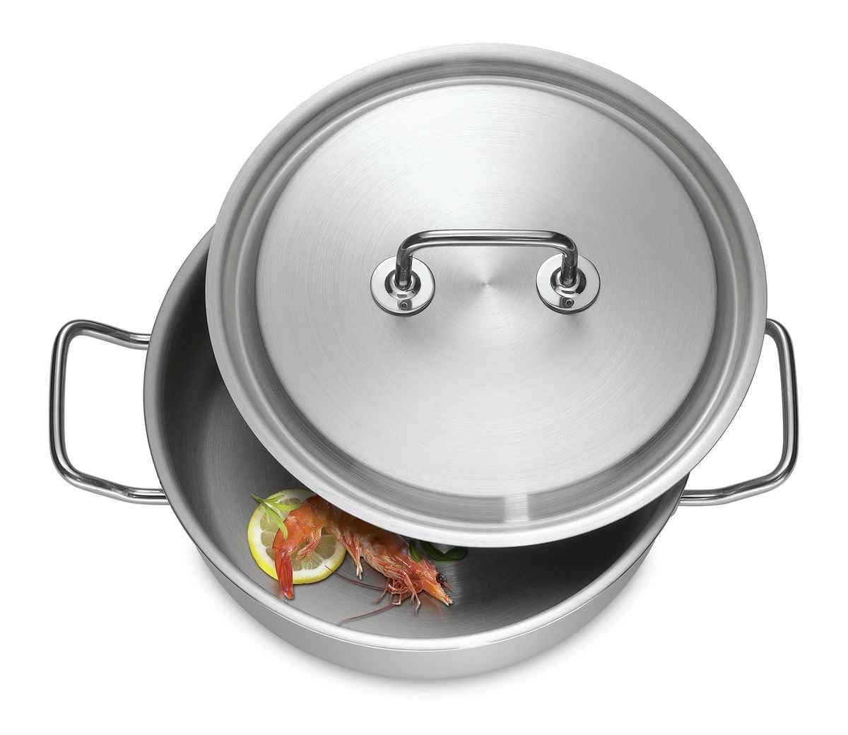 Stainless steel casserole with lid with food inside on a white background