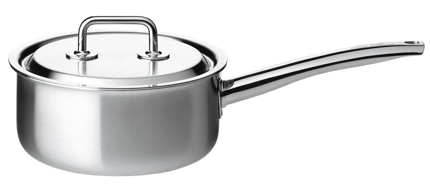 Stainless steel saucepan with lid on a white background