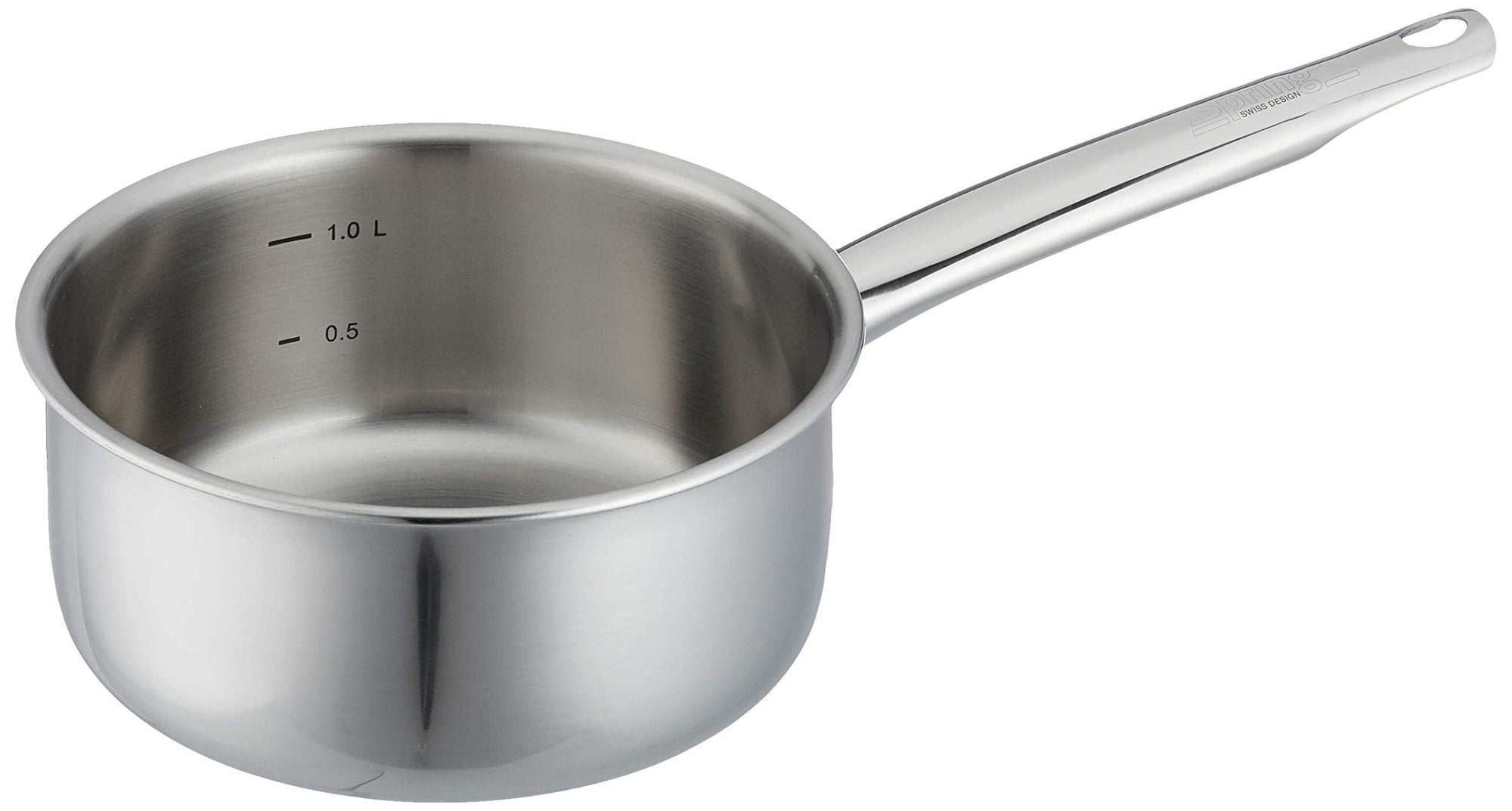 Stainless steel saucepan on a white background