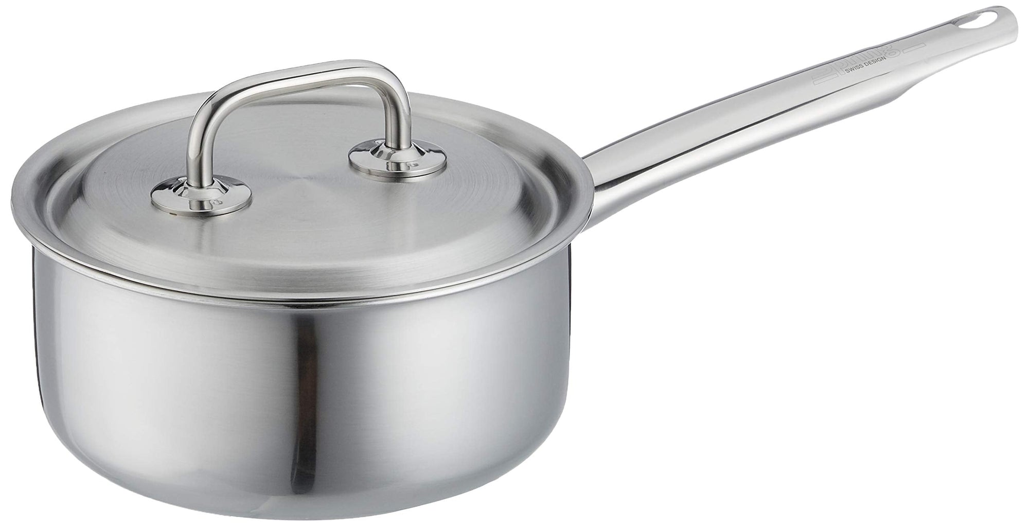 Stainless steel saucepan with lid on a white background