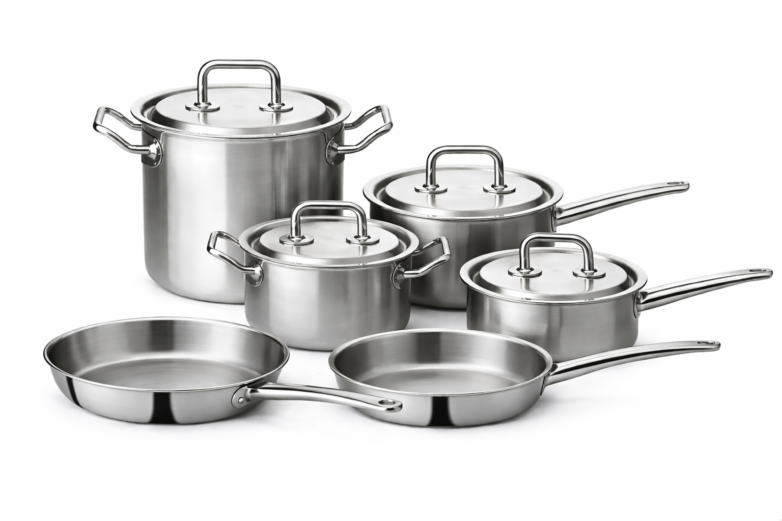 Set of stainless steel cookware with lids on a white background