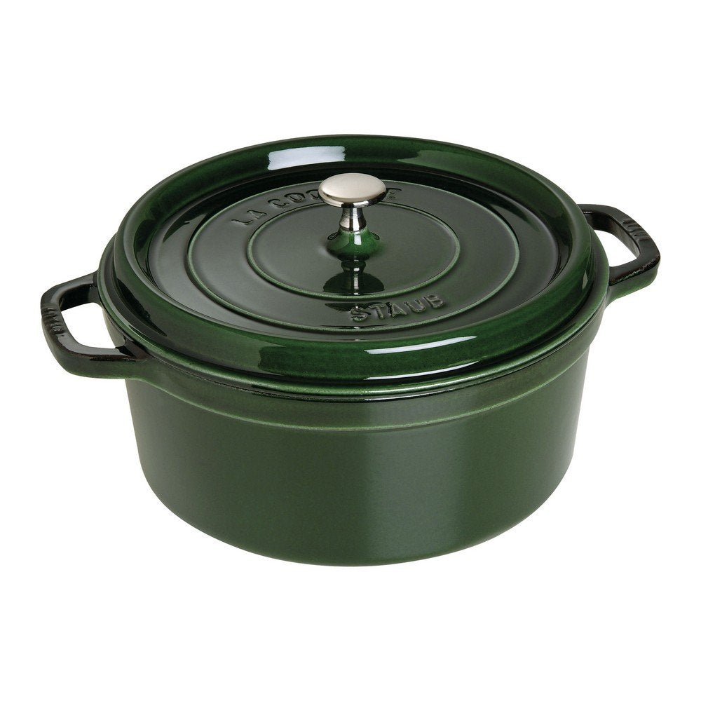 Basil Staub Cast Iron 7-qt Round Cocotte displayed on a white background