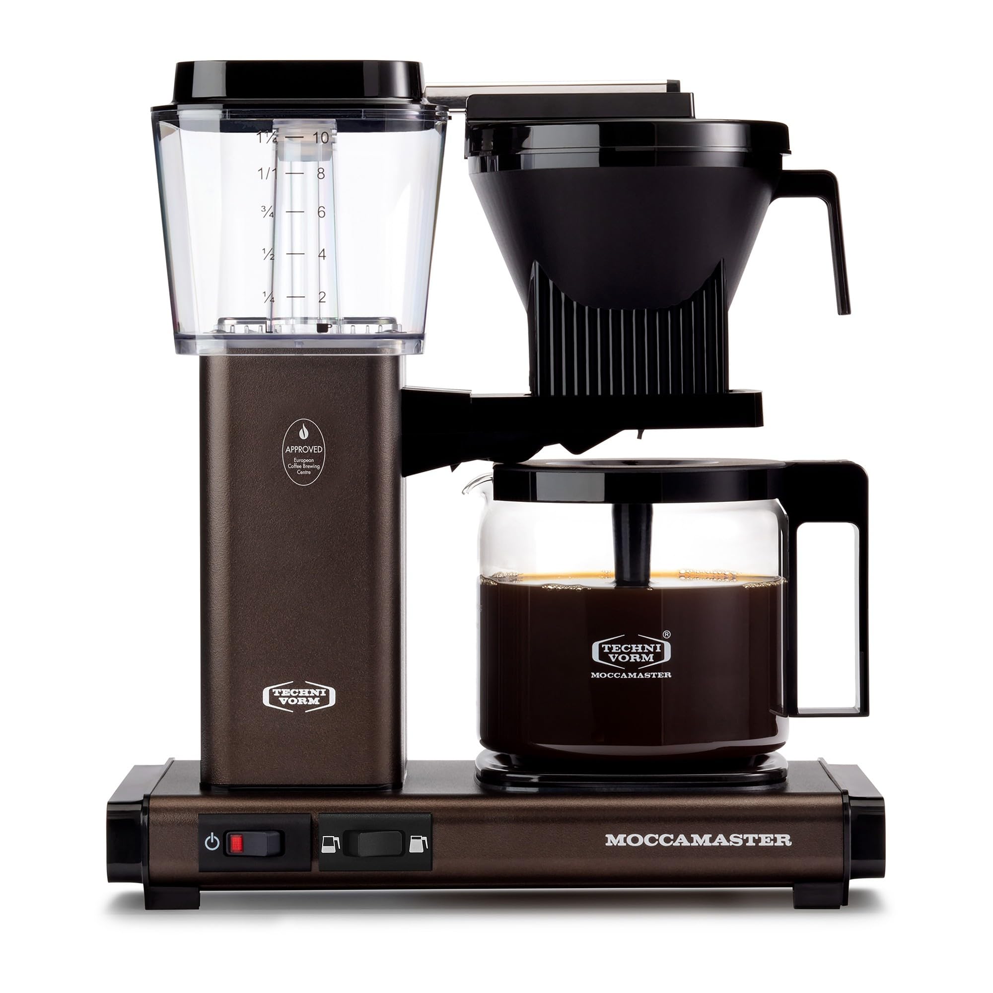 Moccamaster coffee maker with glass carafe on a white background