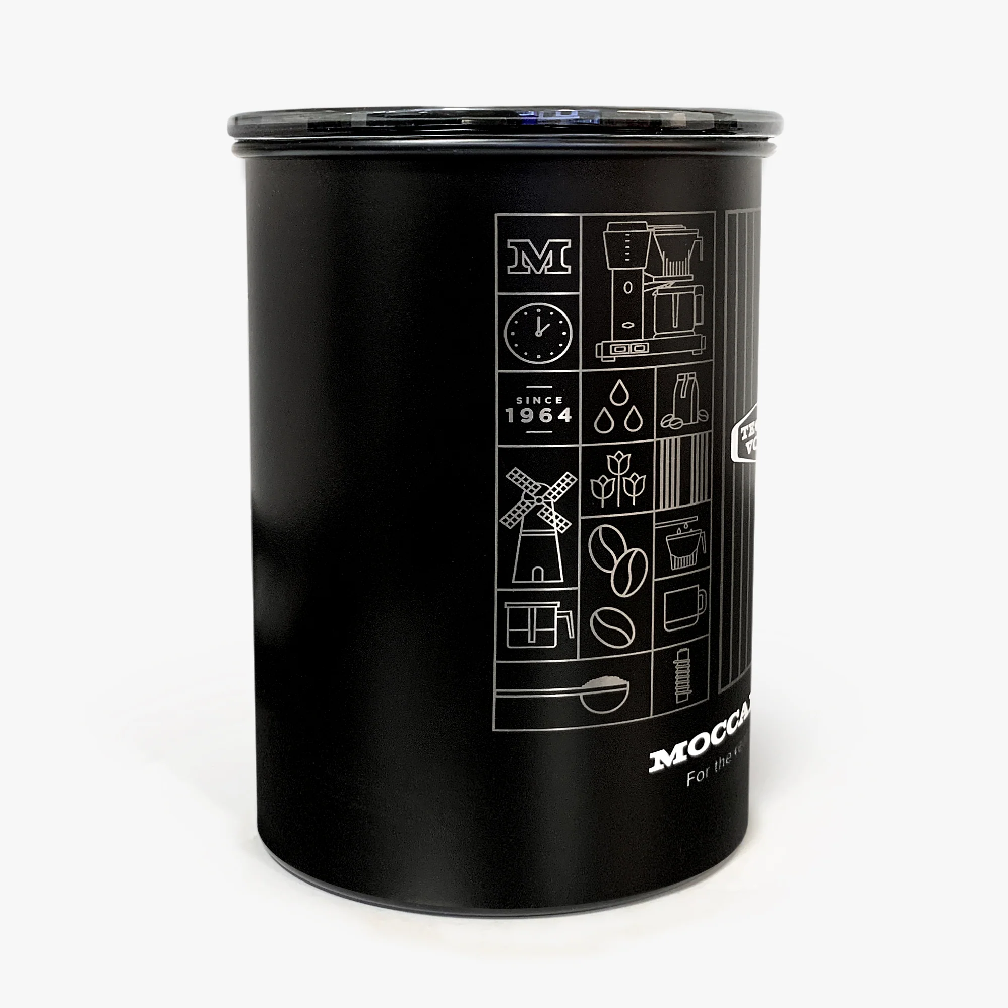 Side view of Black Moccamaster coffee storage canister with Technivorm branding on a white background