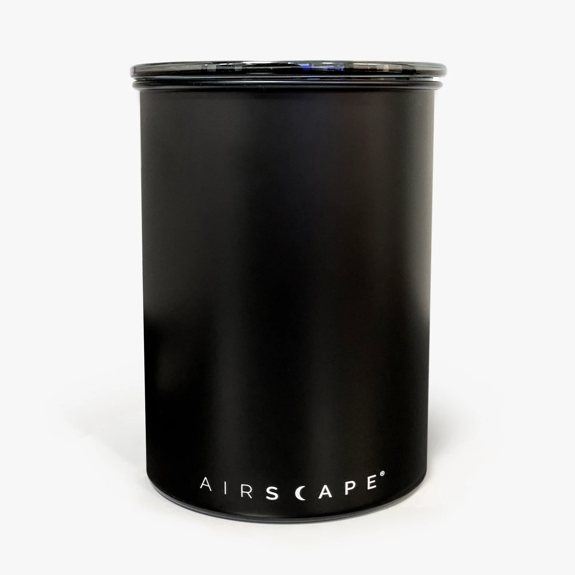 Back side of Black Moccamaster coffee storage canister on a white background