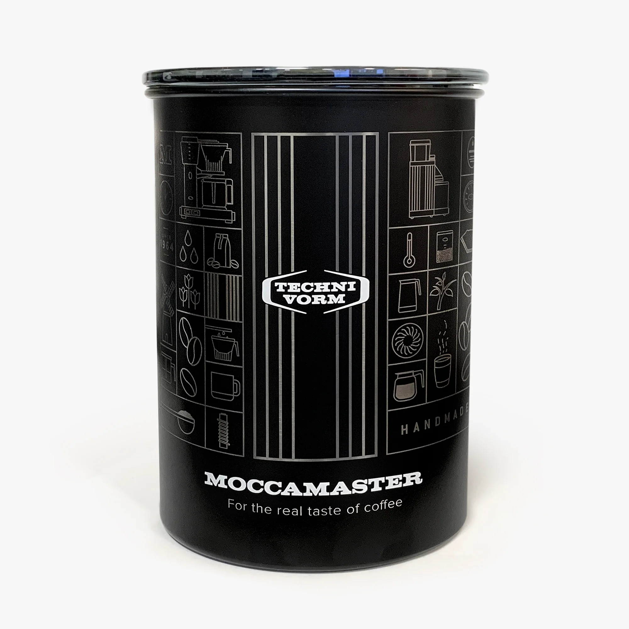 Black Moccamaster coffee storage canister with Technivorm branding on a white background