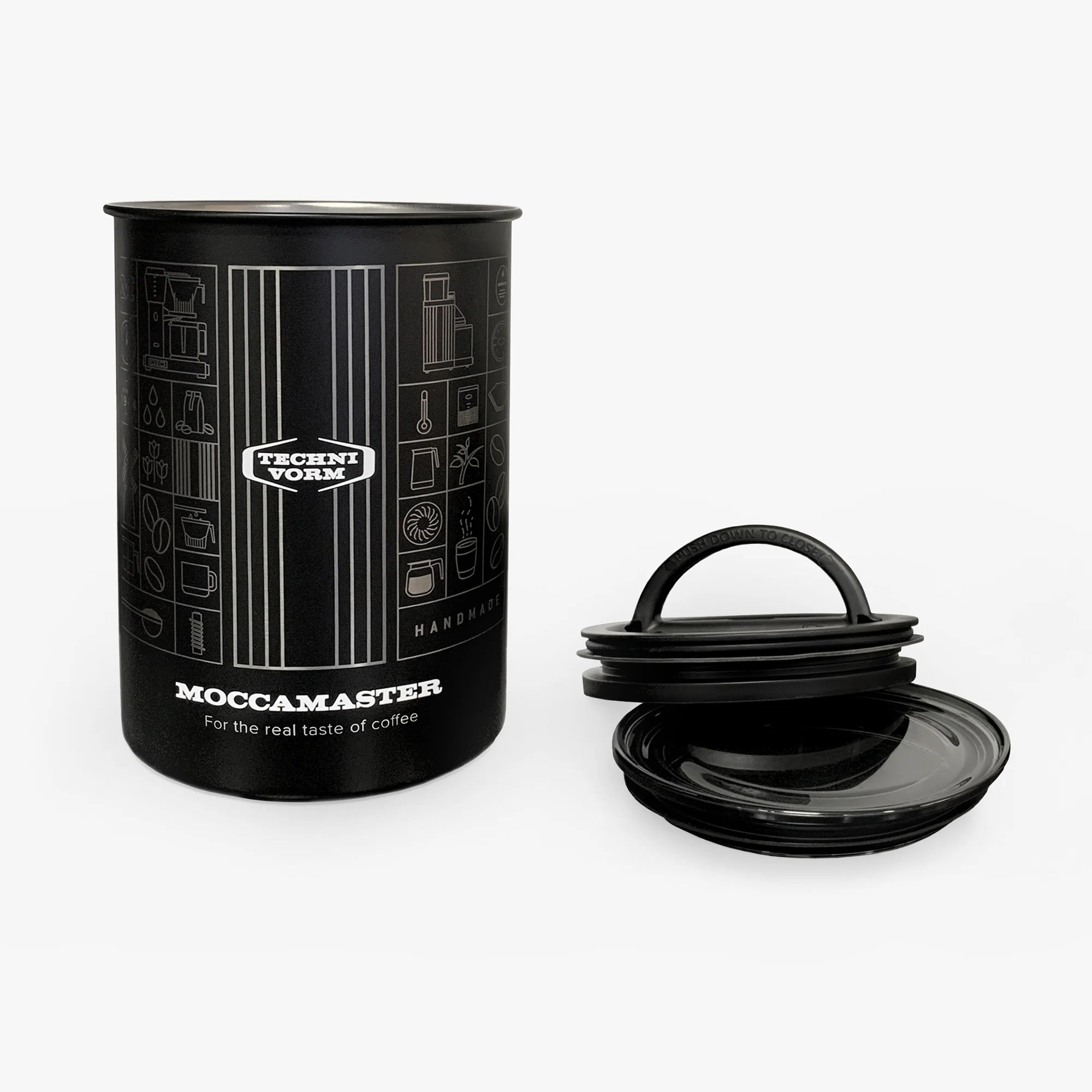 Black Moccamaster coffee storage canister with lid on a white background