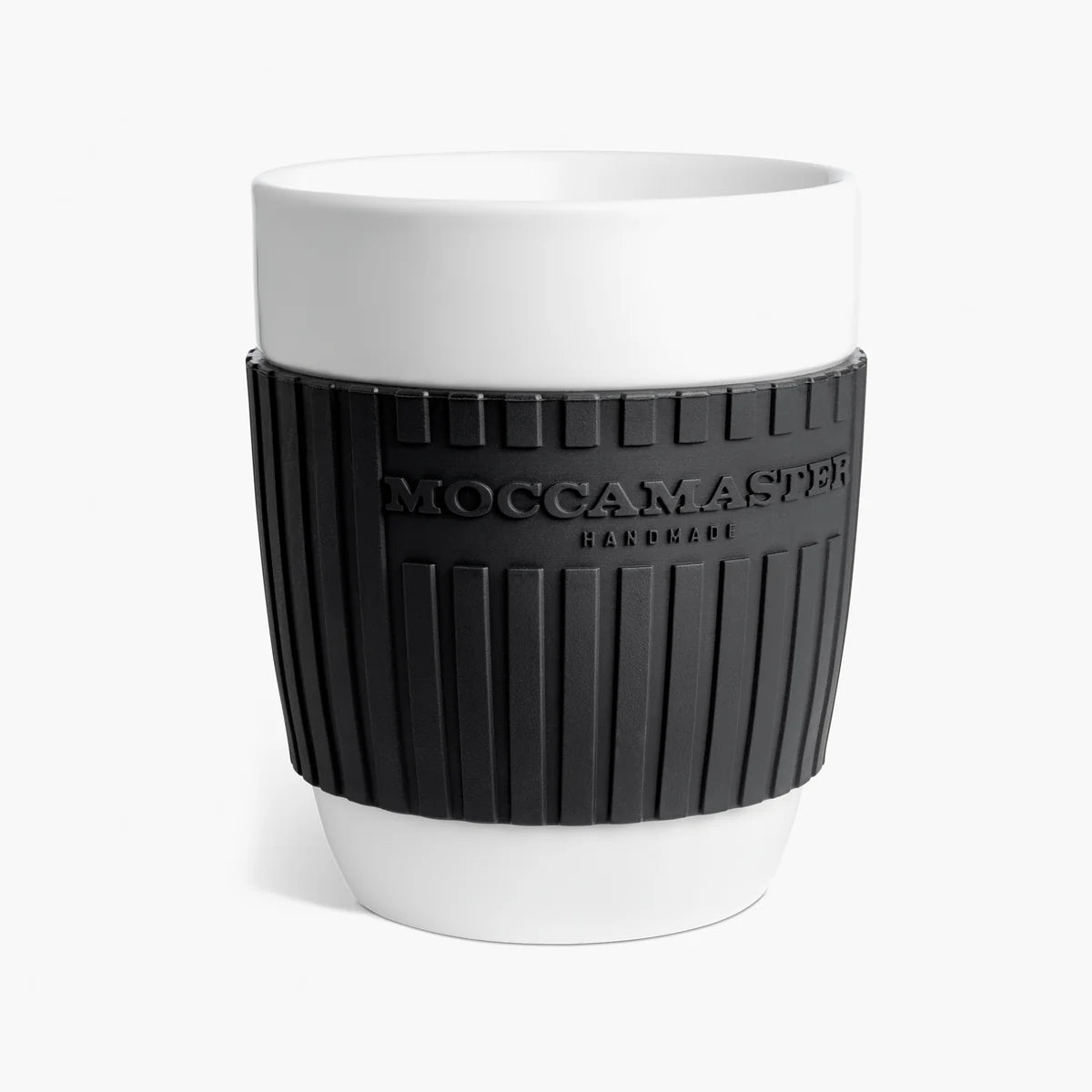 White cup with a black rubber cover displayed on a white background