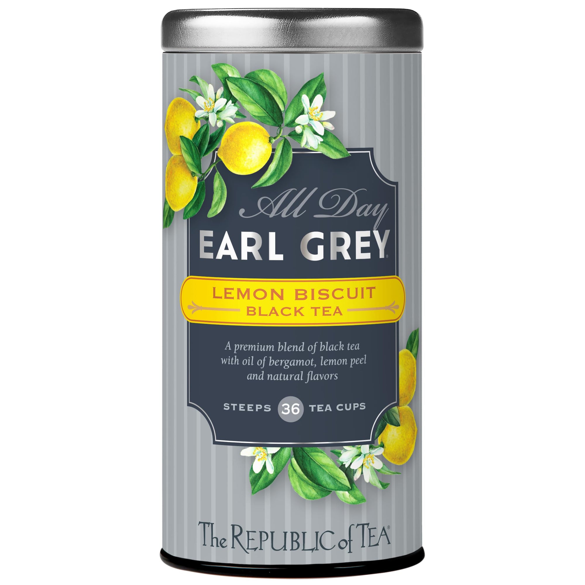 Tea canister labeled 'All Day Earl Grey Lemon Biscuit Black Tea' by The Republic of Tea on a white background.