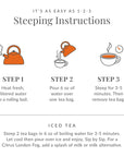 Steeping instructions for tea with step-by-step illustrations and text.