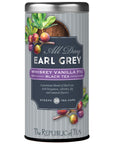 Tea canister labeled 'All Day Earl Grey Whiskey Vanilla Fig Black Tea' by The Republic of Tea on a white background.