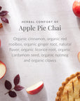 Promotional image for 'Herbal Comfort of Apple Pie Chai' with apples, cinnamon, and a slice of pie on a light background.