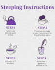 Steeping instructions for tea with illustrated steps on a white background