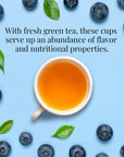 Cup of tea surrounded by blueberries and leaves on a light blue background with text about green tea.