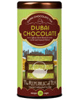 Tea canister labeled 'Dubai Chocolate' by The Republic of Tea on a white background