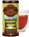 Dubai Chocolate tea canister with a glass of tea on a white background