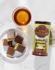 Chocolate bars on a plate with a can of Dubai Chocolate tea from The Republic of Tea.
