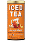 Orange colored can of Ginger Peach iced tea from The Republic of Tea displayed on a white background