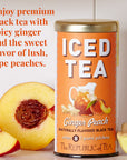 Can of Ginger Peach iced tea with peaches and ginger on a white background