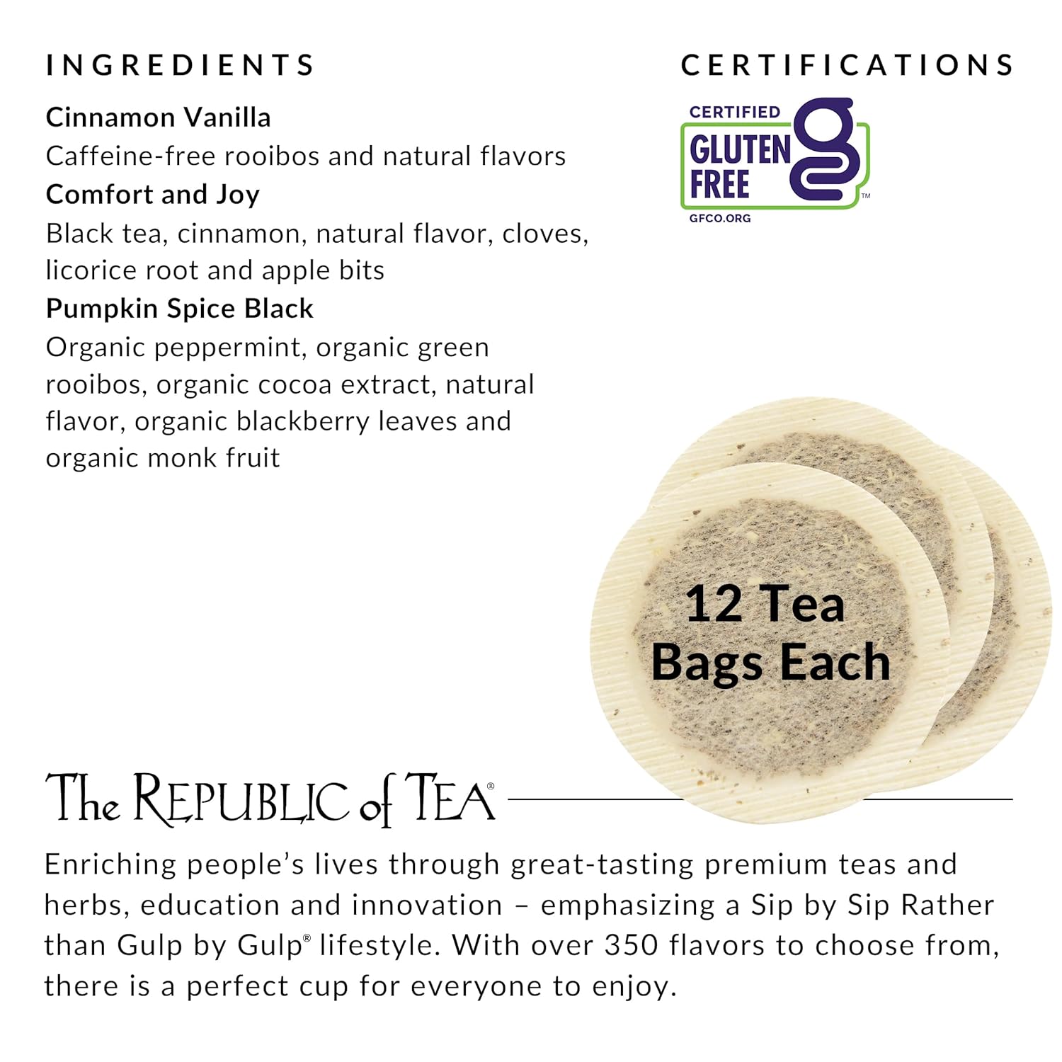 Tea packaging with ingredients, certifications, and product details.