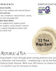 Tea packaging with ingredients, certifications, and product details.