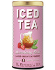 Canister of Strawberry Basil iced tea from The Republic of Tea on a white background