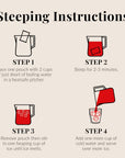 Steeping instructions for a beverage with step-by-step illustrations and text.