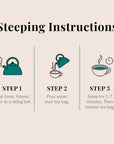 Steeping instructions for tea with step-by-step illustrations and text.